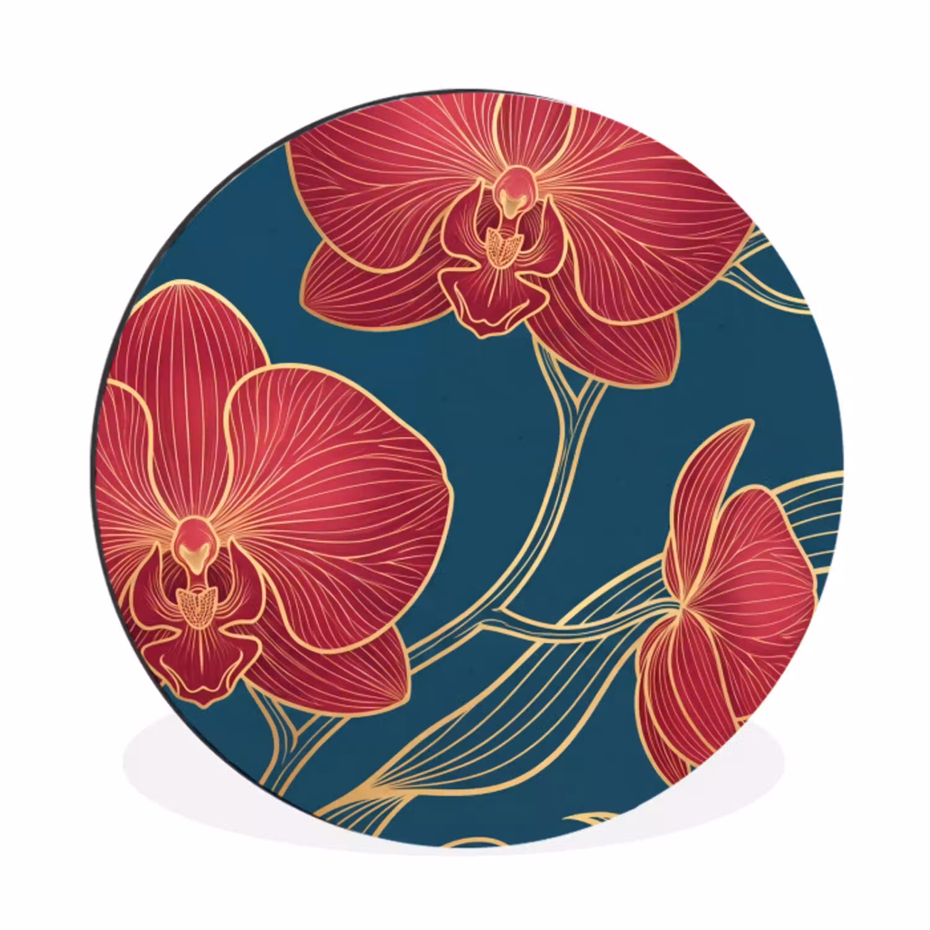 Bloemen - Rood - Goud Wandcirkel aluminium klein -3d
