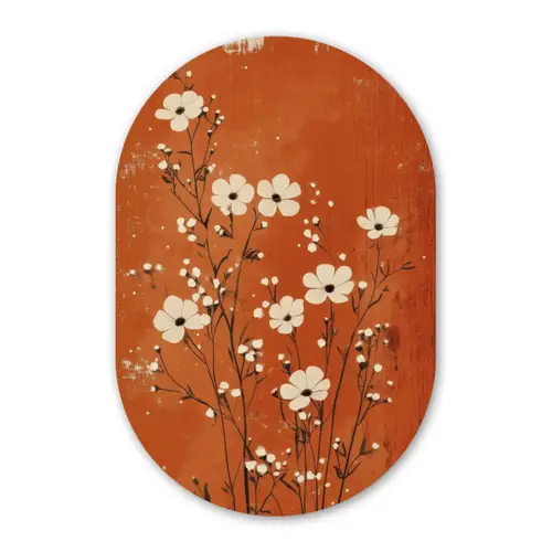 Bloemen - Wit - Subtiel - Roestkleur Wandcirkel Ovaal Forex klein -3d