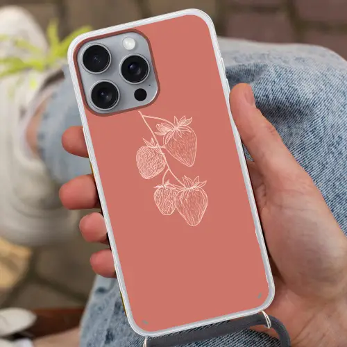 Minimalistisch - Illustratie - Aardbei - Tak Hoesje iPhone 16 Pro Max met koord klein -sfeer3