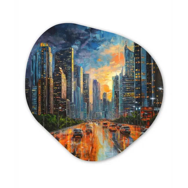 Auto - Skyline - Zon - Blauw Wandcirkel Organisch Forex 3mm klein -3d