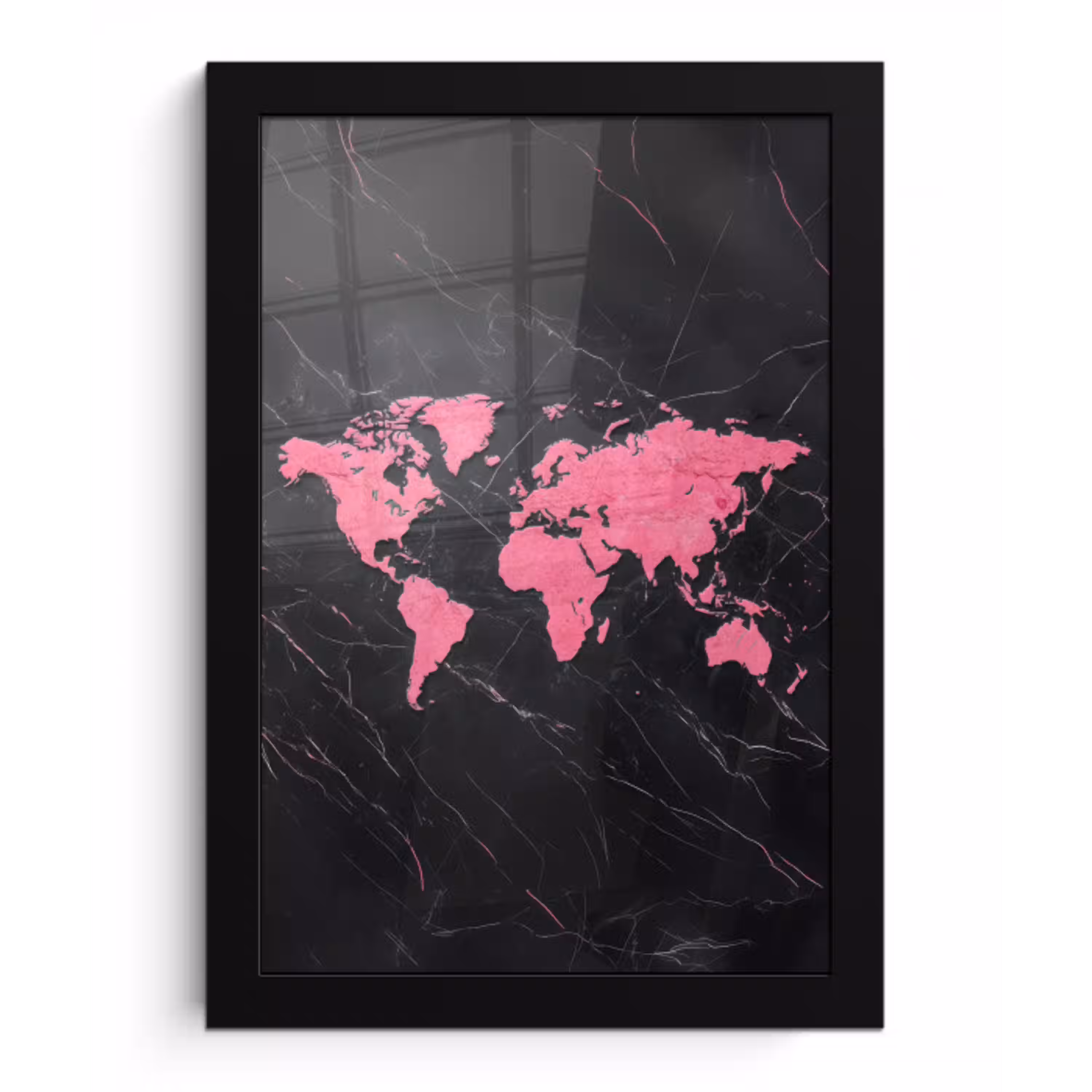 Wereldkaart - Roze - Marmer fotolijst zwart zonder passe partout klein -3d