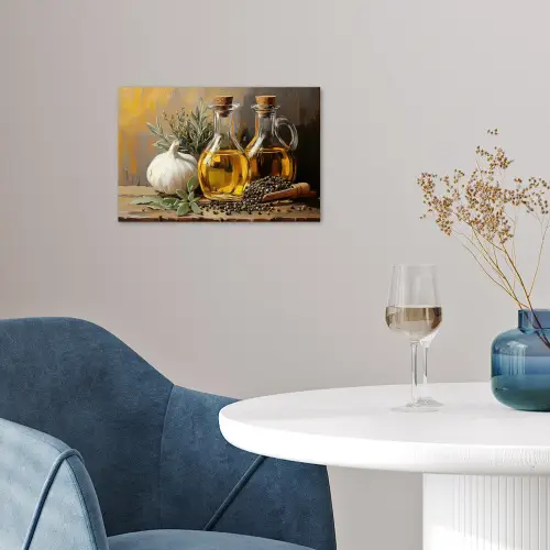 Stilleven - Olijfolie - Knoflook - Kruiden poster papier klein -sfeer3