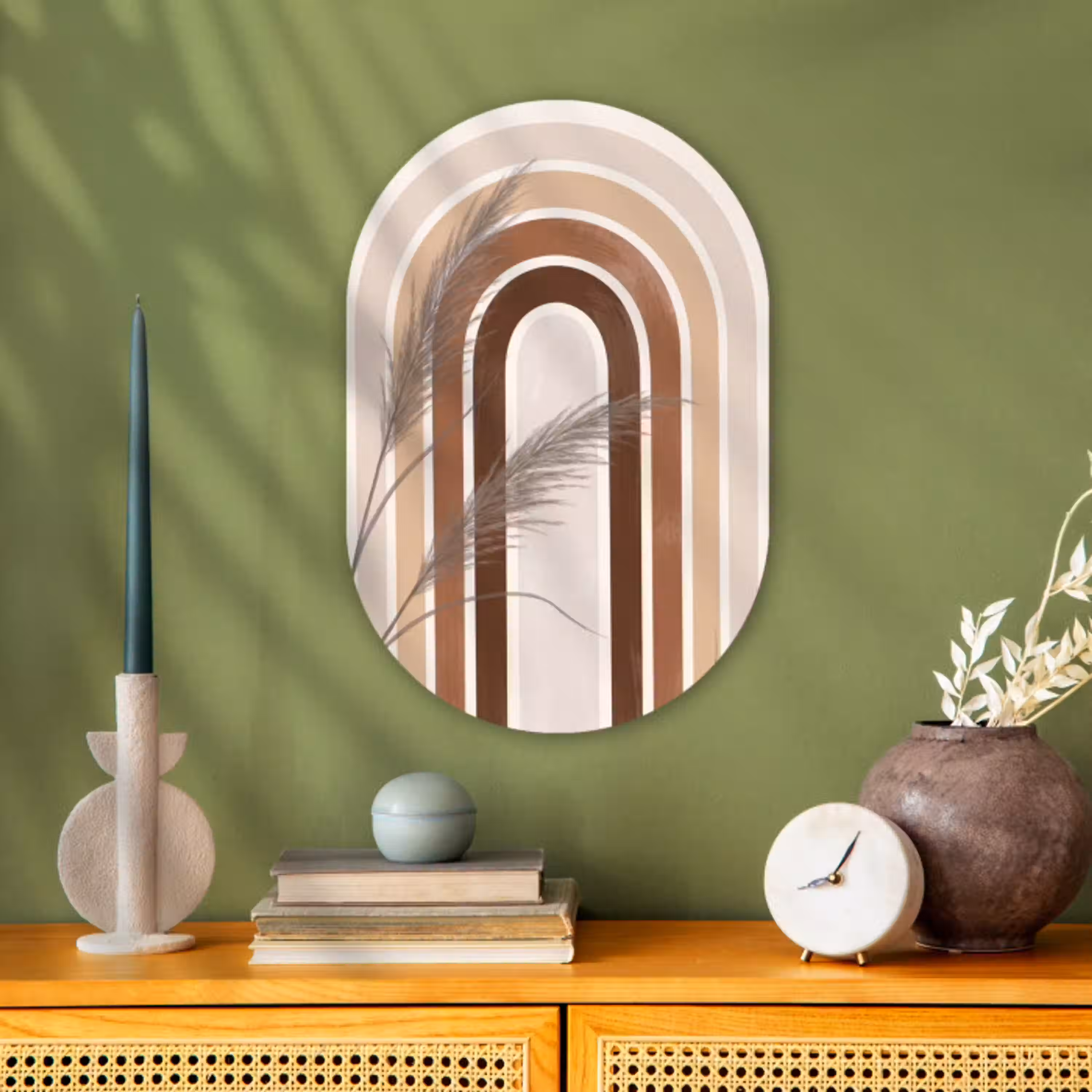 Abstract - Bogen - Plant - Boho - Beige Wandcirkel Ovaal Forex klein -sfeer2