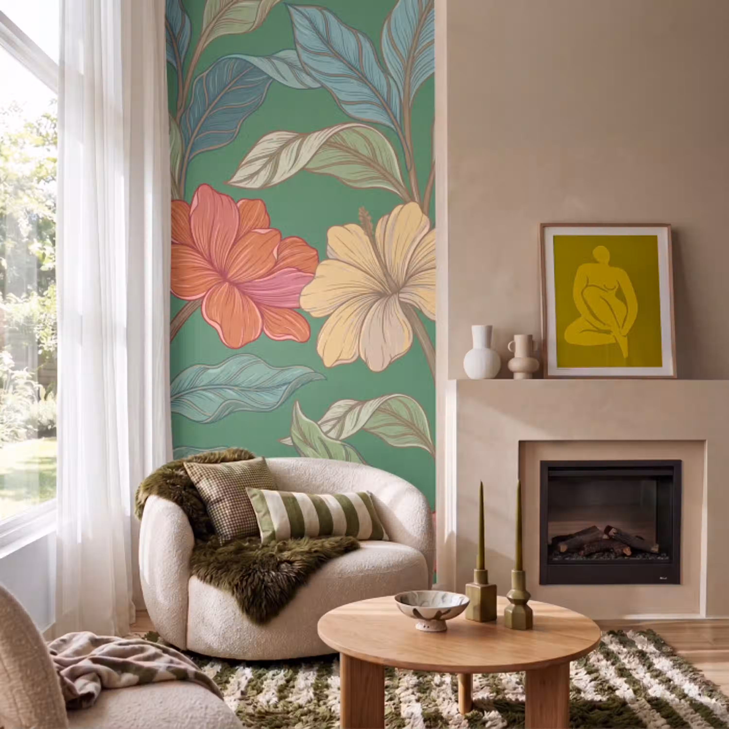 Bloemen - Groen - Illustratie Behang Vlies klein -sfeer2
