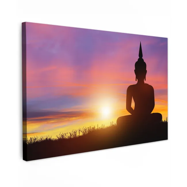 Buiten canvas - Zonsondergang - Horizon - Boeddha beeld - Buddha -  Silhouette