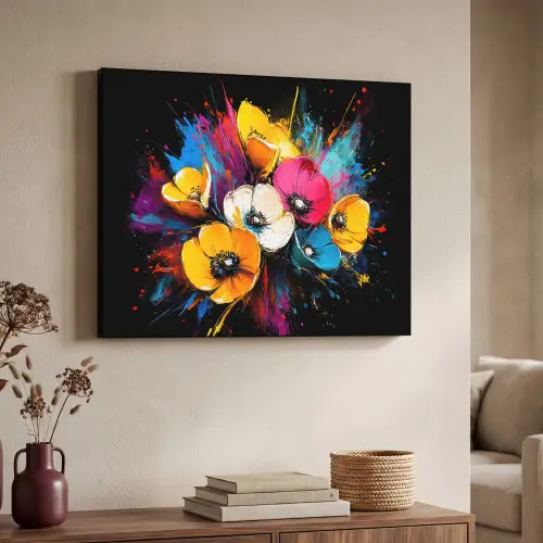 Bloemen - Kleurrijk - Graffiti - Modern - Boeket Textielframe zwart klein -sfeer3