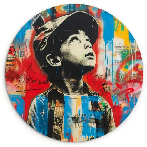 Graffiti - Vintage - Jongen - Street art - Neon - Banksy Wandcirkel kunststof plaat 5mm dik klein -3d