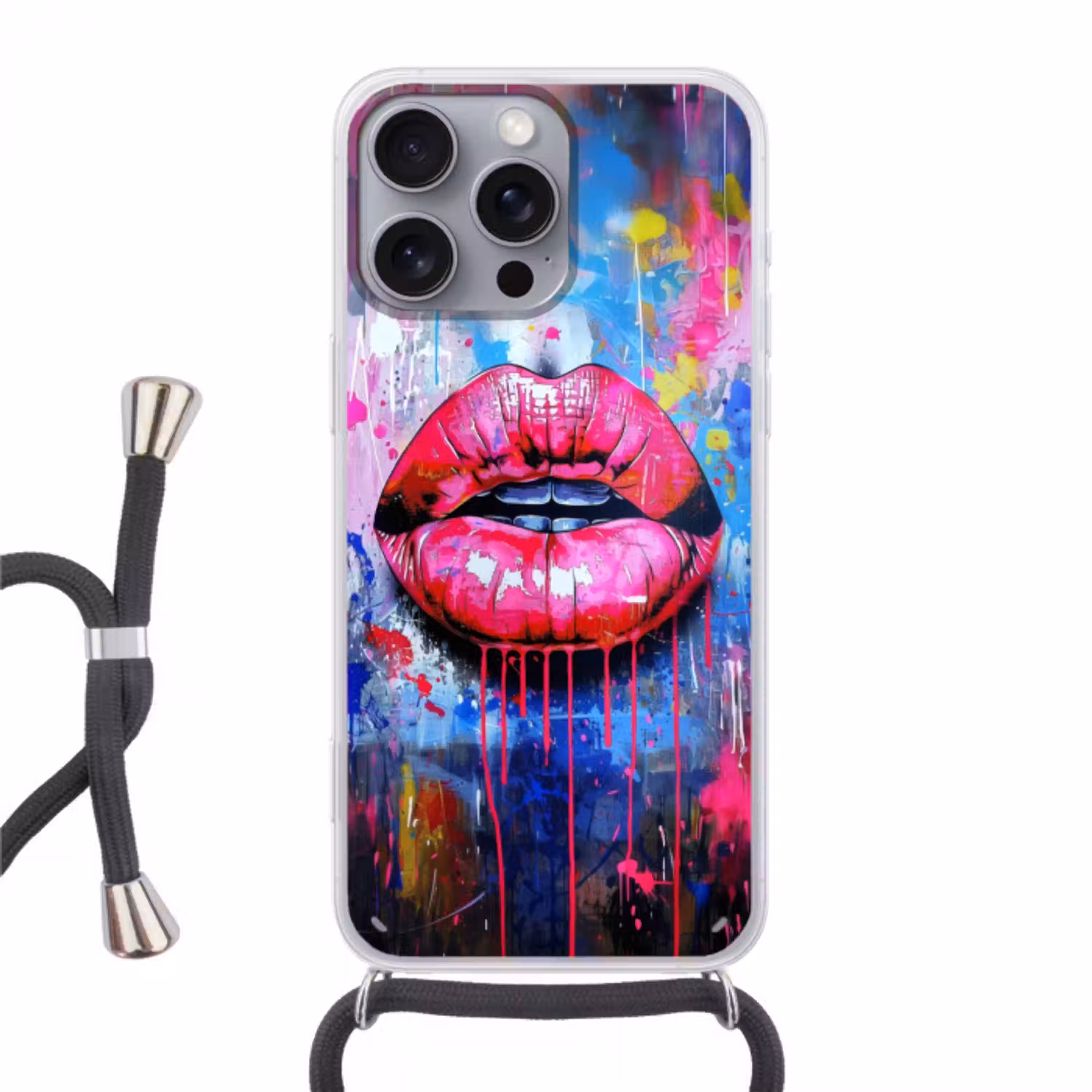 Graffiti - Lippen - Felroze - Geschilderd Hoesje iPhone 16 Pro Max met koord klein -3d