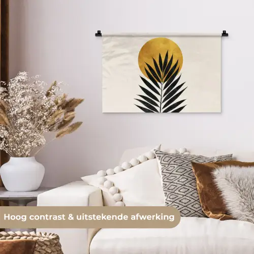 Zwart palmblad - Gouden cirkel - Beige achtergrond Wandkleed katoen klein -sfeer1