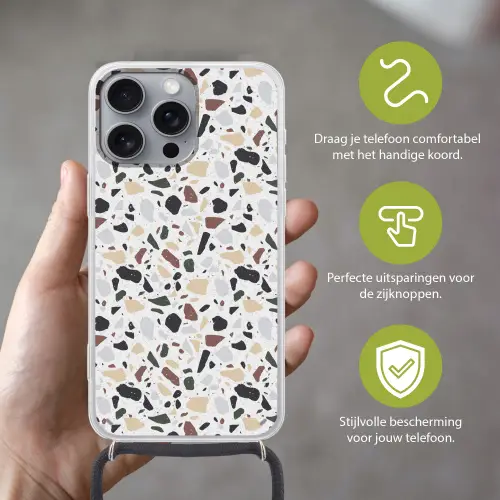 Terrazzo -  Patroon - Kleurrijk - Klei Hoesje iPhone 16 Pro Max met koord klein 804 -sfeer2_NL