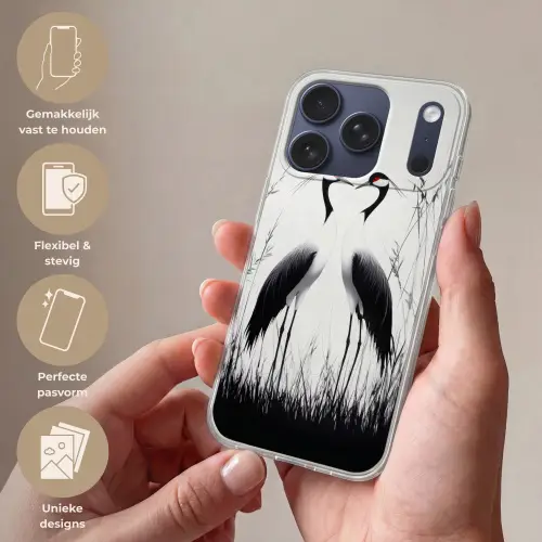 Kraanvogels - Gras - Hartvorm - Zwart Telefoonhoesje iPhone 17 Pro klein -sfeer3_NL