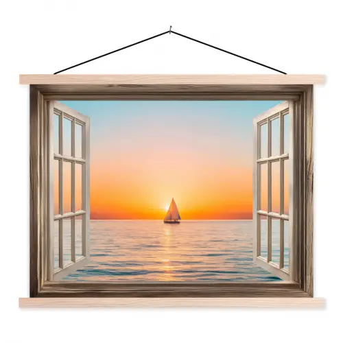 Doorkijk - Zee - Boot - Zonsondergang textielposter latten blank klein -3d