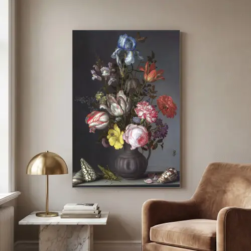Bloemen in een vaas met schelpen en insecten - Balthasar van der Ast Textielframe zilver middel -sfeer1