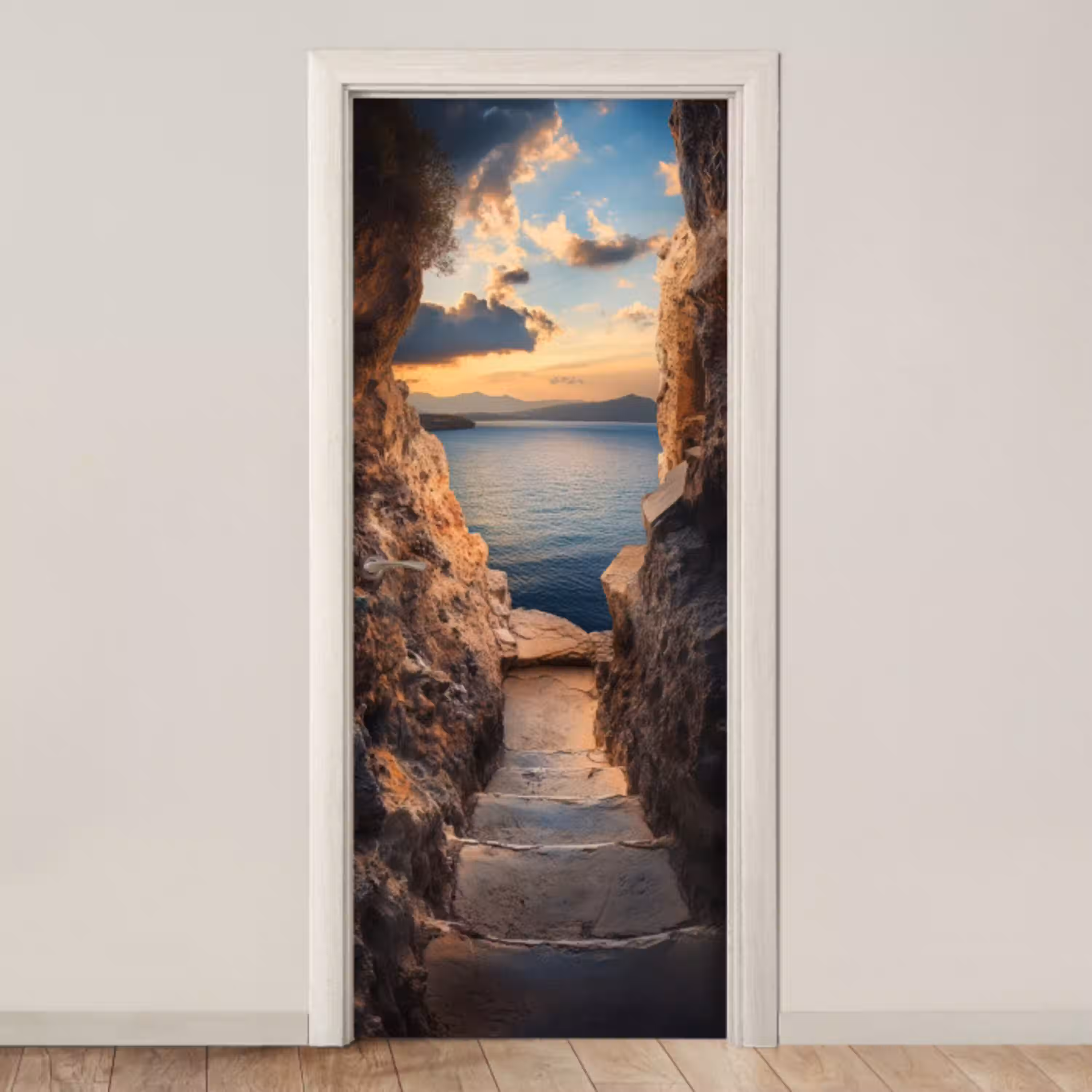Doorkijk - Uitzicht - Landschap - Zee - Rotsen deurposter klein -3d_beige