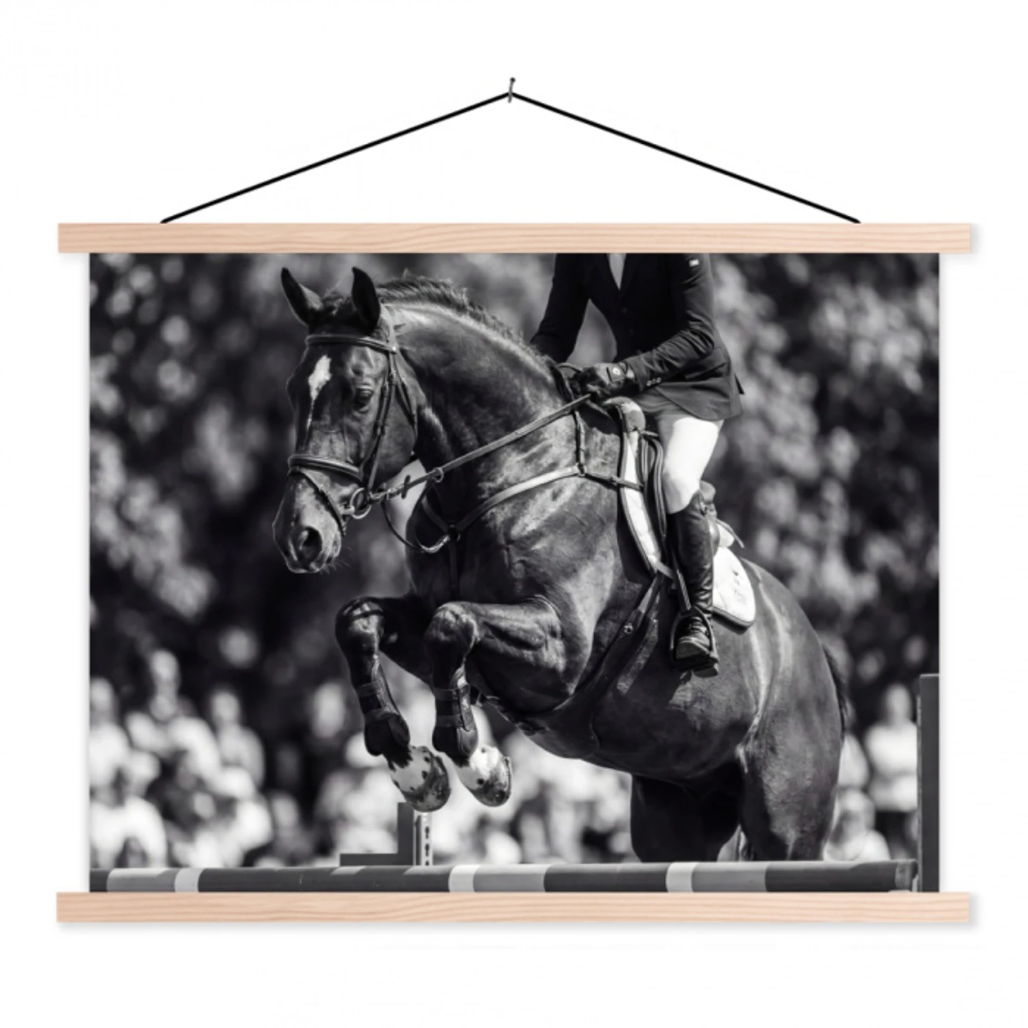 Springen - Paard - Zwart - Wit textielposter latten blank klein -3d