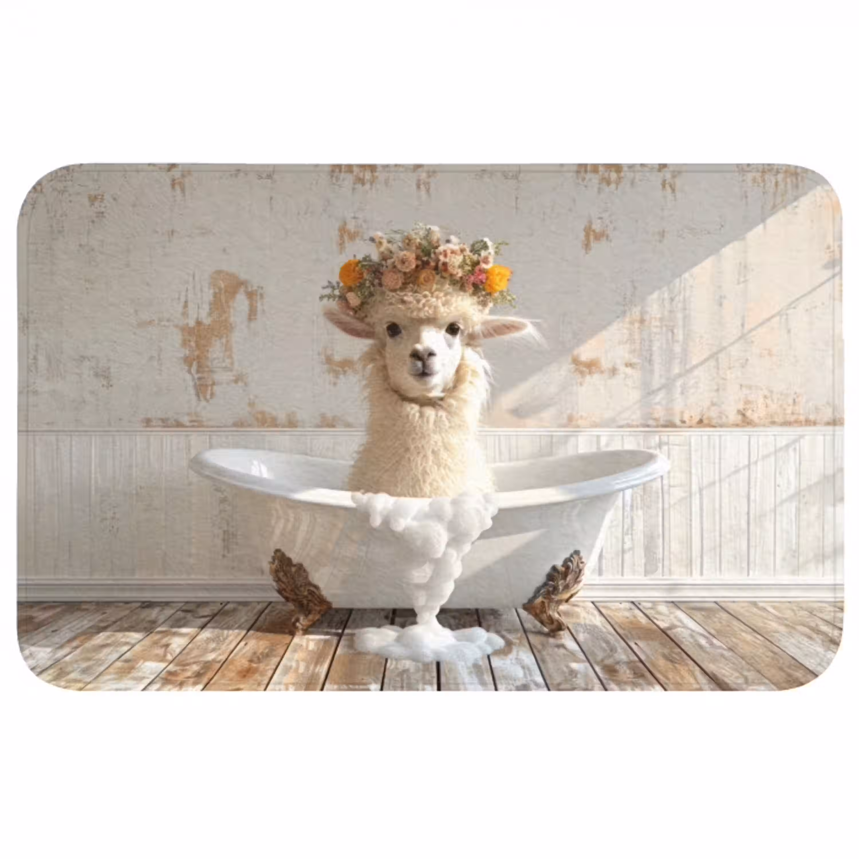 Vintage - Alpaca - Badkuip - Bloemen - Dieren Badmat middel -3d