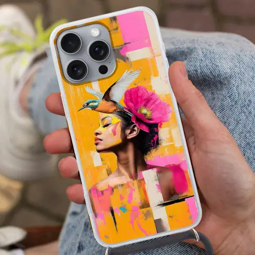 Vogel - Vrouw - Abstract - Bloem Hoesje iPhone 16 Pro Max met koord klein -sfeer3