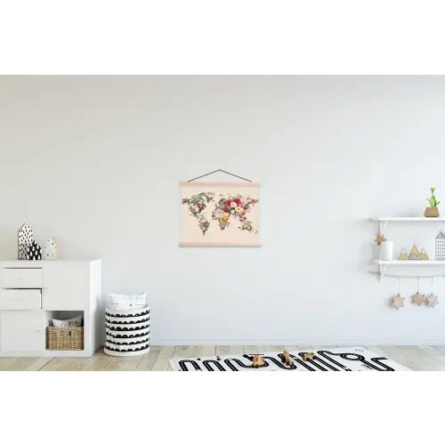 Wereldkaart - Bloemen - Roze textielposter latten blank klein -kinderkamer