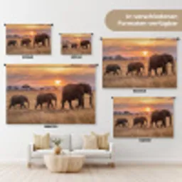 Olifanten - Savanne - Zonsondergang - Afrika - Warm Wandkleed katoen klein -tsfeer8_DE