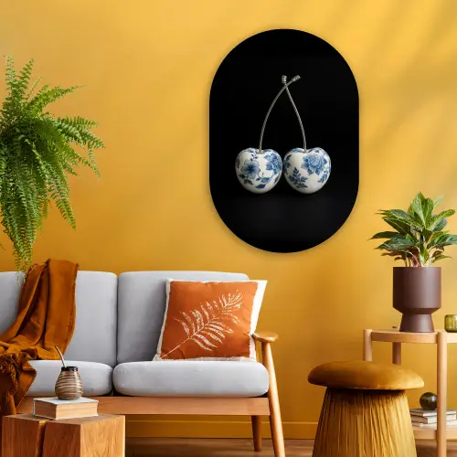 Kersen - Delfts blauw - Fruit Wandcirkel Ovaal Glas middel -sfeer4
