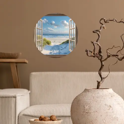 Doorkijk - Strand - Raam - Duinen - Zee Wandcirkel behangsticker klein -sfeer1