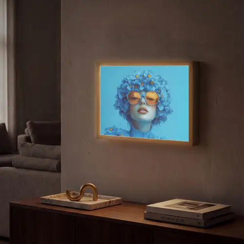 Vrouw - Bloem - Blauw - Modern - Bril - Portret Light Box met batterij (Wandlamp) middel -sfeer1