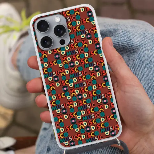 Bruin - Retro - Disco - Patroon Hoesje iPhone 16 Pro Max met koord klein 804 -sfeer3