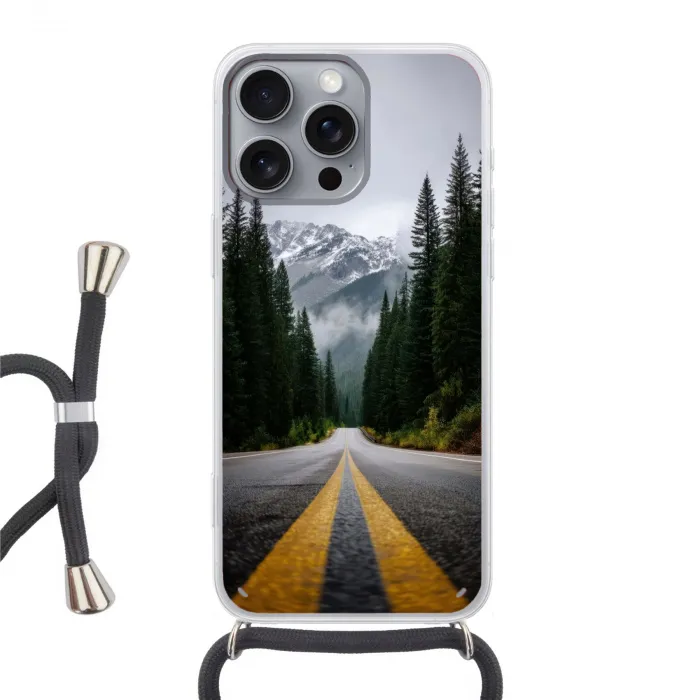 Sparrenbos - Weg - Bergen - Sneeuw Hoesje iPhone 16 Pro Max met koord klein -3d