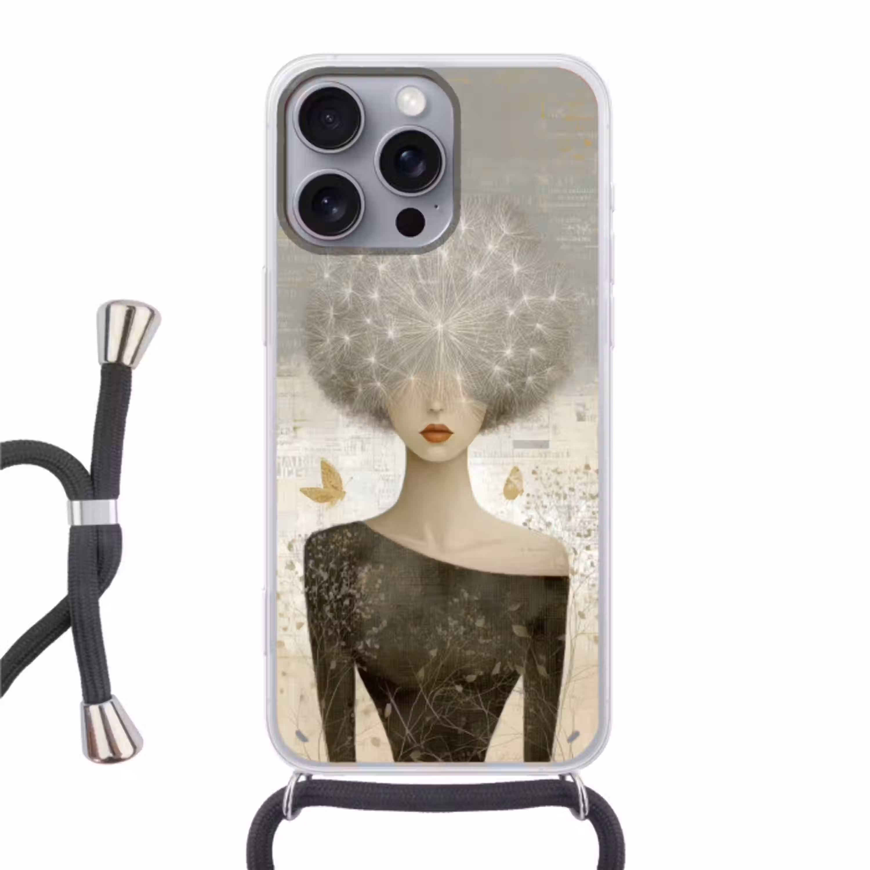 Pluis - Vrouw - Beige Hoesje iPhone 16 Pro Max met koord klein -3d