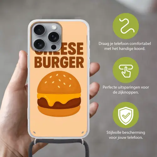 Cheeseburger - Minimalistisch - Geel Hoesje iPhone 16 Pro Max met koord klein -sfeer2_NL