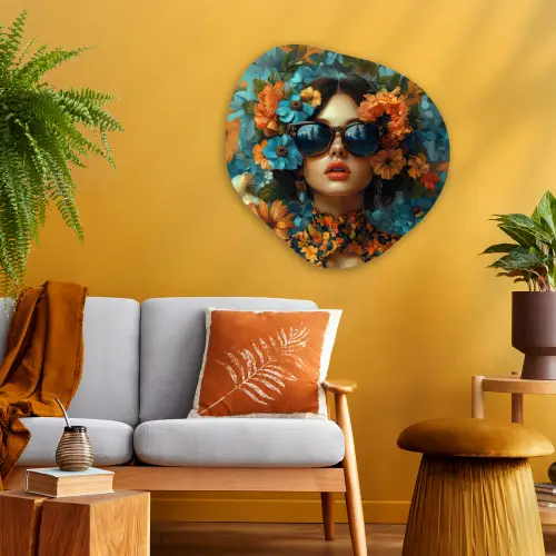 Vrouw - Bloemen - Oranje - Blauw - Modern Wandcirkel Organisch Plexiglas middel -sfeer4