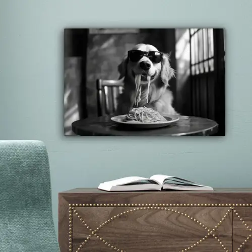 Golden Retriever - Hond - Vrolijk -  Bord spaghetti - Zwart - wit canvas 2cm klein -sfeer4