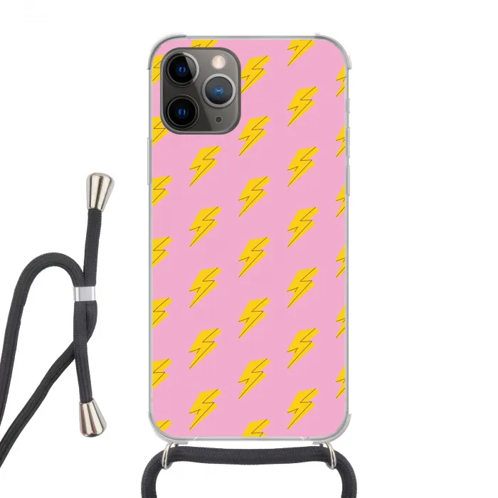 Bliksemschichten - Patroon - Geel - Roze Hoesje iPhone 12 Pro met koord klein -3d
