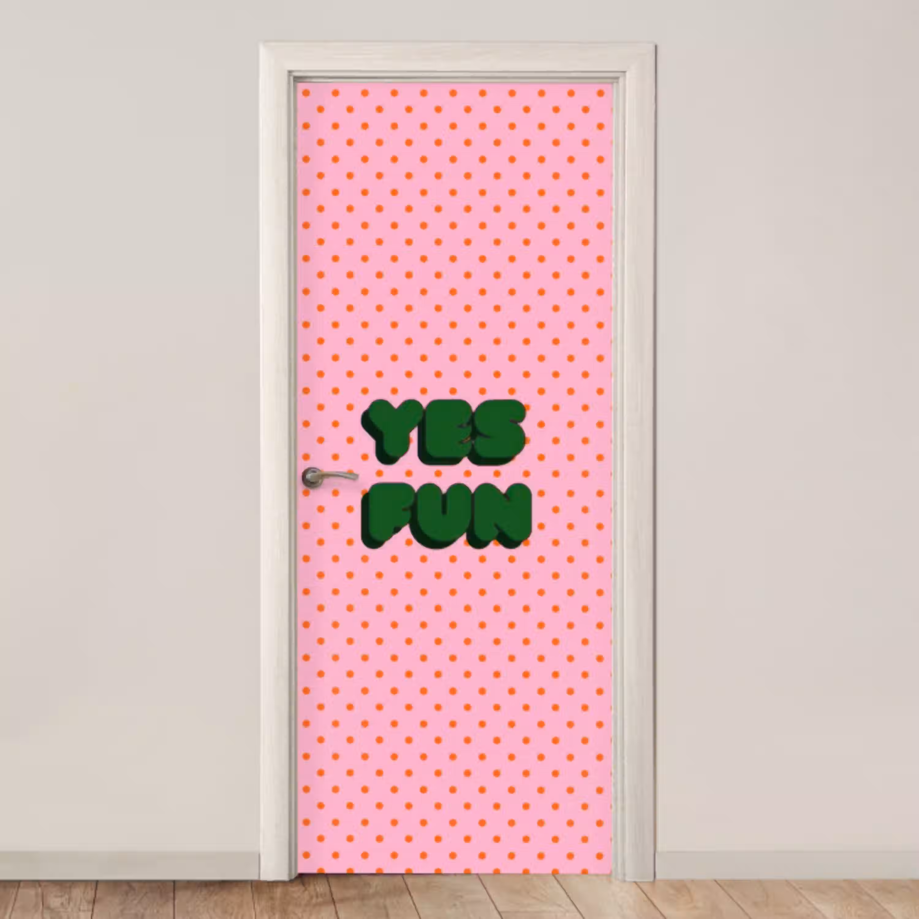 Yes fun - Groen - Roze - Stippen deurposter klein -3d_beige