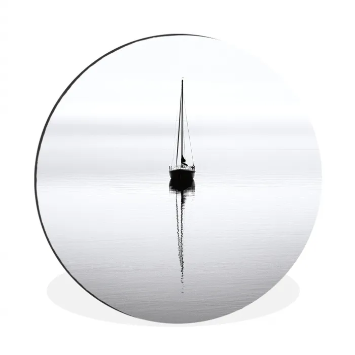 Zeilboot - Zwart - Water - Silhouet Wandcirkel aluminium klein -3d