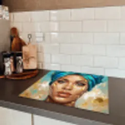 Portret - Vrouw - Schilderij - Blauw - Goud - Expressief Inductie beschermer vinyl 3mm middel -sfeer3