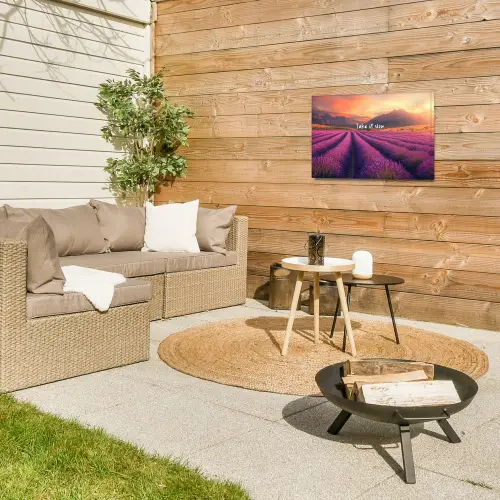 Lavendelveld - Quote - Zonsondergang Tuinposter op houten frame 2 cm dik klein -sfeer2