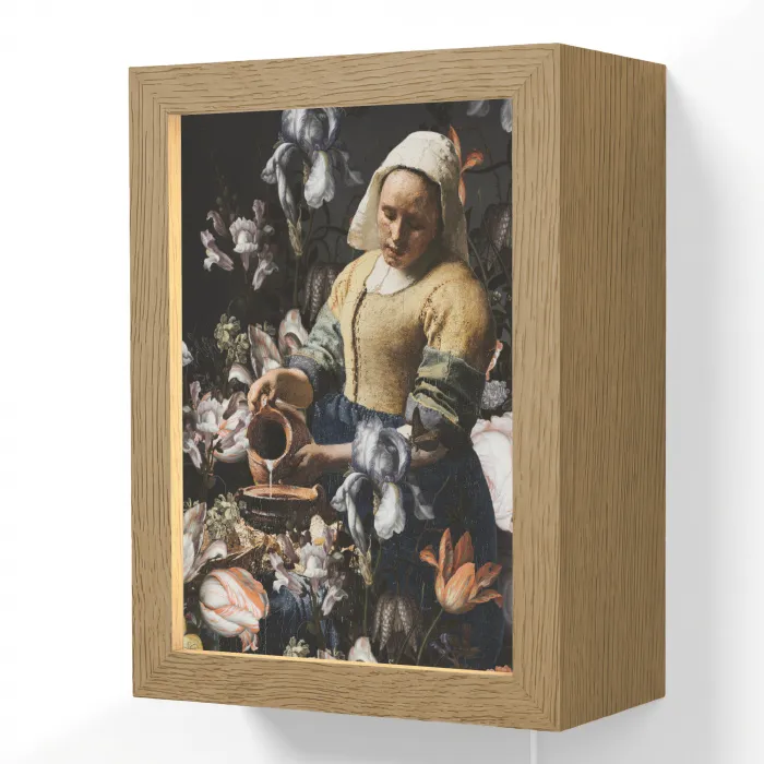 Melkmeisje - Johannes Vermeer - Bloemen - Blauw Light Box met kabel (Wandlamp) klein -3d