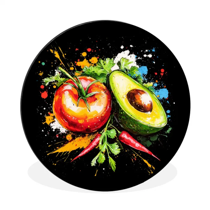 Tomaat - Avocado - Peper - Graffiti - Verf - Modern Wandcirkel aluminium klein -3d
