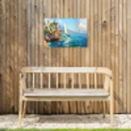 Zeilboot - Rotsen - Kust - Huizen Tuinposter op houten frame 2 cm dik klein -sfeer4