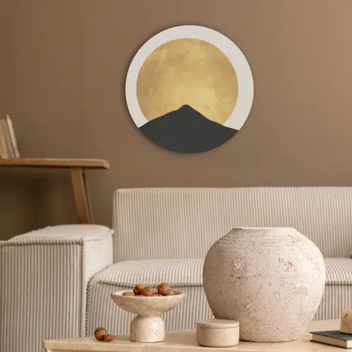 Bergsilhouetten - Gouden cirkel - Beige Akoestische PET Vilt - Rond klein -sfeer1