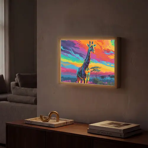 Giraffe - Savanna - Lucht - Gekleurd Light Box met batterij (Wandlamp) middel -sfeer1