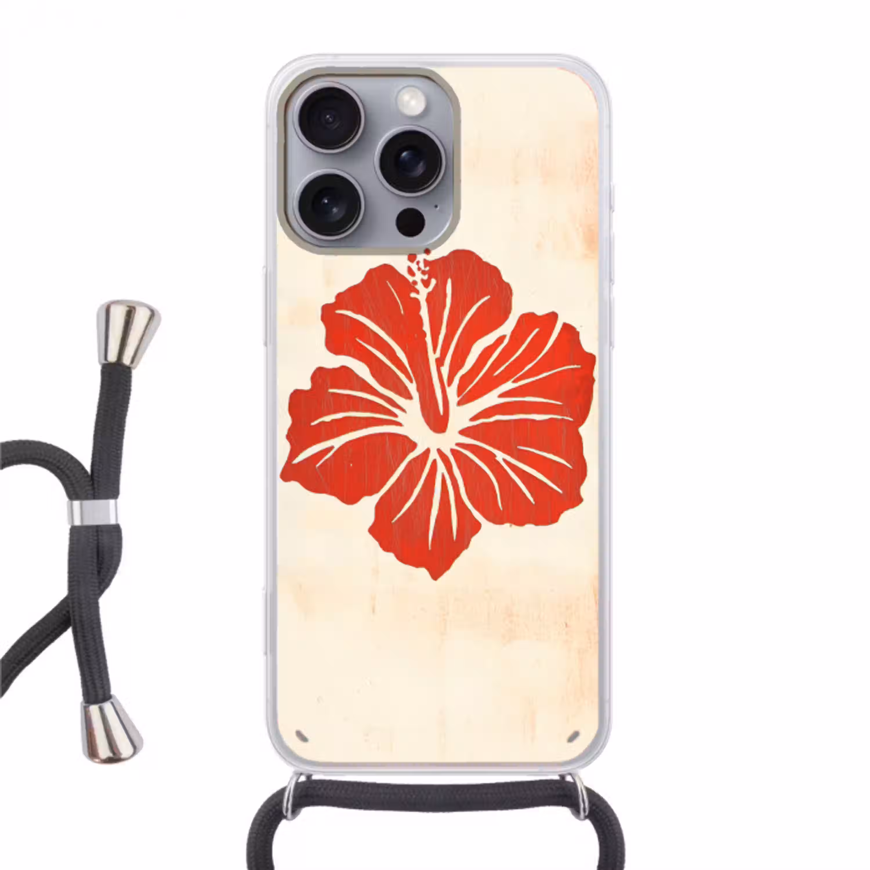 Rode hibiscusbloem - Textuur achtergrond - Beige Hoesje iPhone 16 Pro Max met koord klein -3d