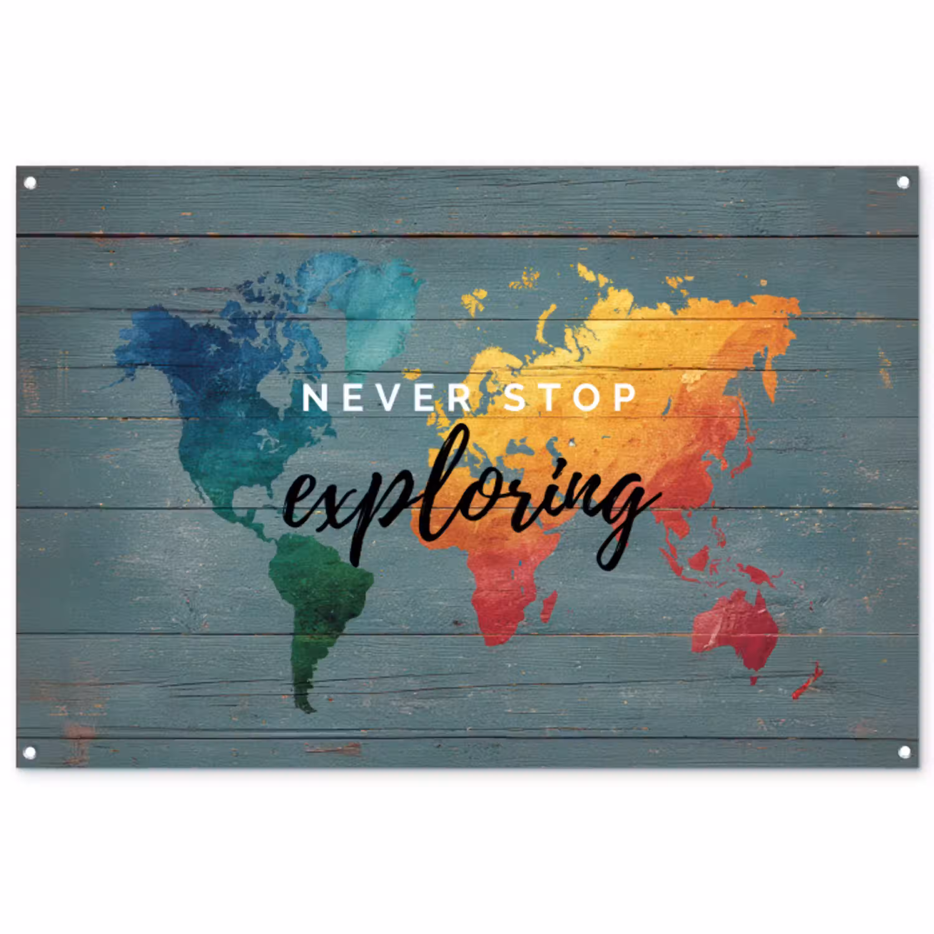 Hout - Wereldkaart - Regenboog - Exploring tuinposter los doek groot -3d