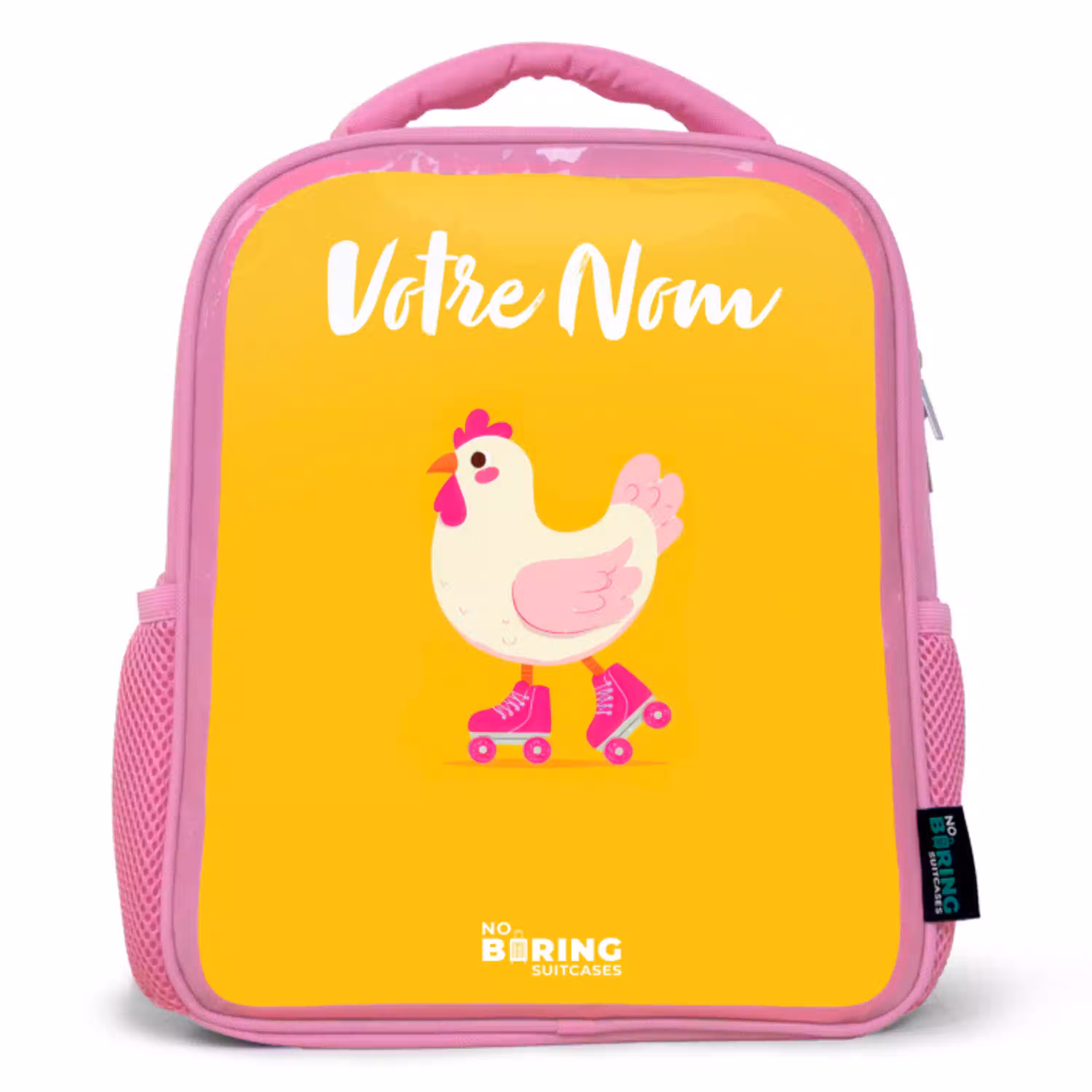 Kip - Rolschaatsen - Geel Kinderrugzak - Roze middel -3d