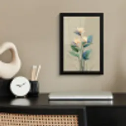 Paradijsvogelbloemen - Blauwgroene bladeren - Beige fotolijst zwart zonder passe partout klein -sfeer1