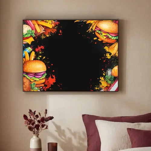 Fastfood - Graffiti - Hamburger - Eten - Modern Textielframe zwart klein -sfeer1