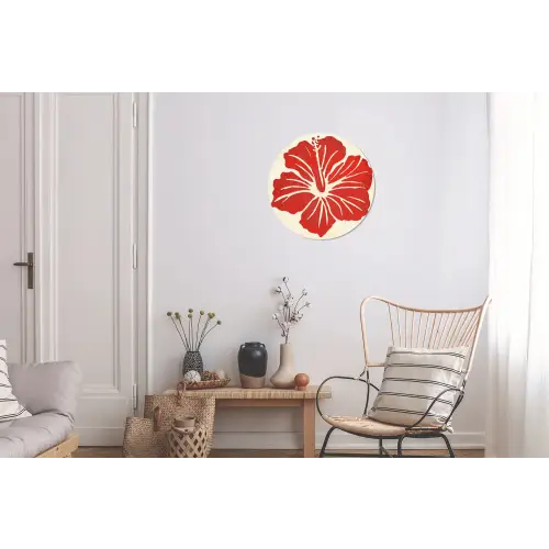 Rode hibiscusbloem - Textuur achtergrond - Beige Wandcirkel aluminium klein -woonkamer