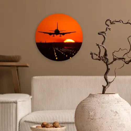 Zonsondergang - Vliegtuig - Oranje - Zon Wandcirkel kunststof plaat 5mm dik klein -sfeer1