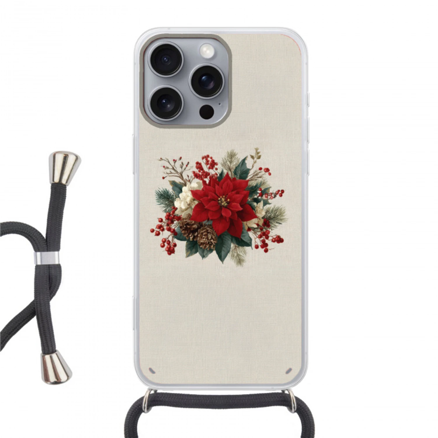 Kerststuk - Poinsettia - Dennenappels - Rood Hoesje iPhone 16 Pro Max met koord klein -3d